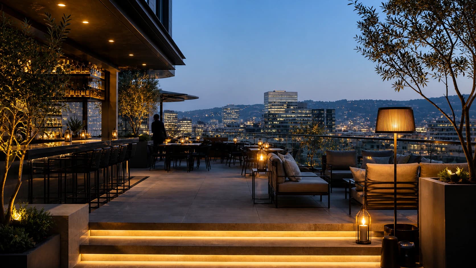 Fictional Los Angeles rooftop hospitality venue prepared for an event