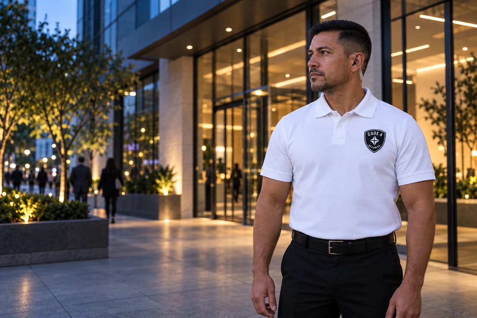Fictional Code 4 security employee in a branded white polo observing a commercial property