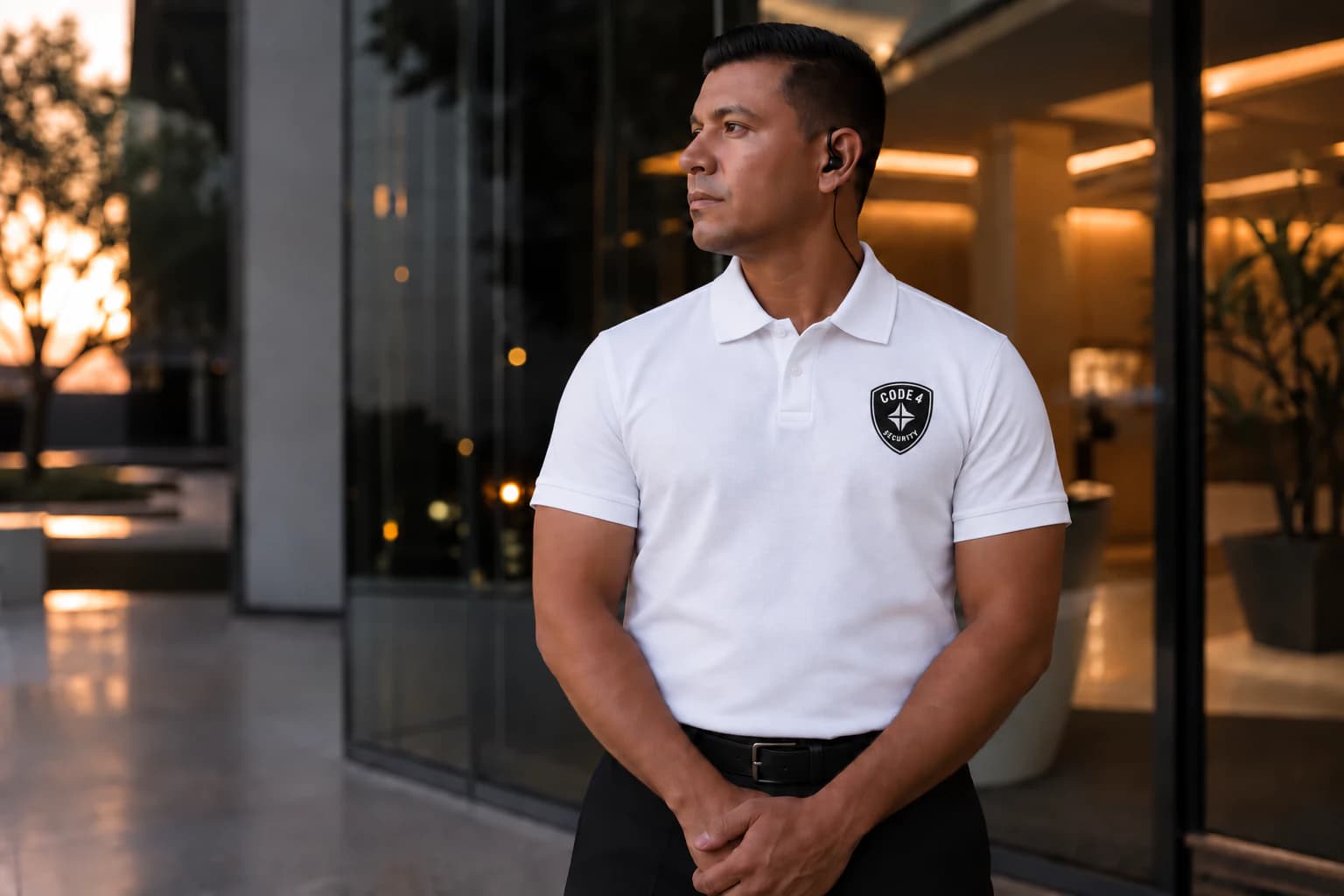 Fictional Code 4 security employee in a branded white short-sleeve uniform at a contemporary commercial property