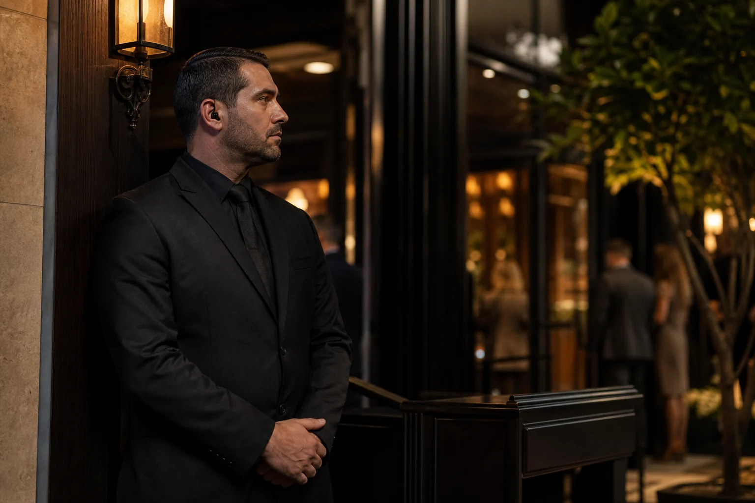 Fictional professional security employee supporting a hospitality property