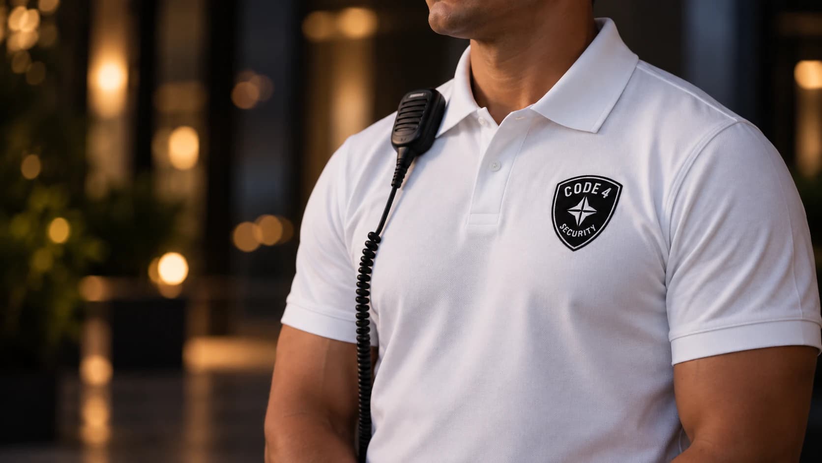 Fictional Code 4 security professional wearing a branded white polo and radio microphone