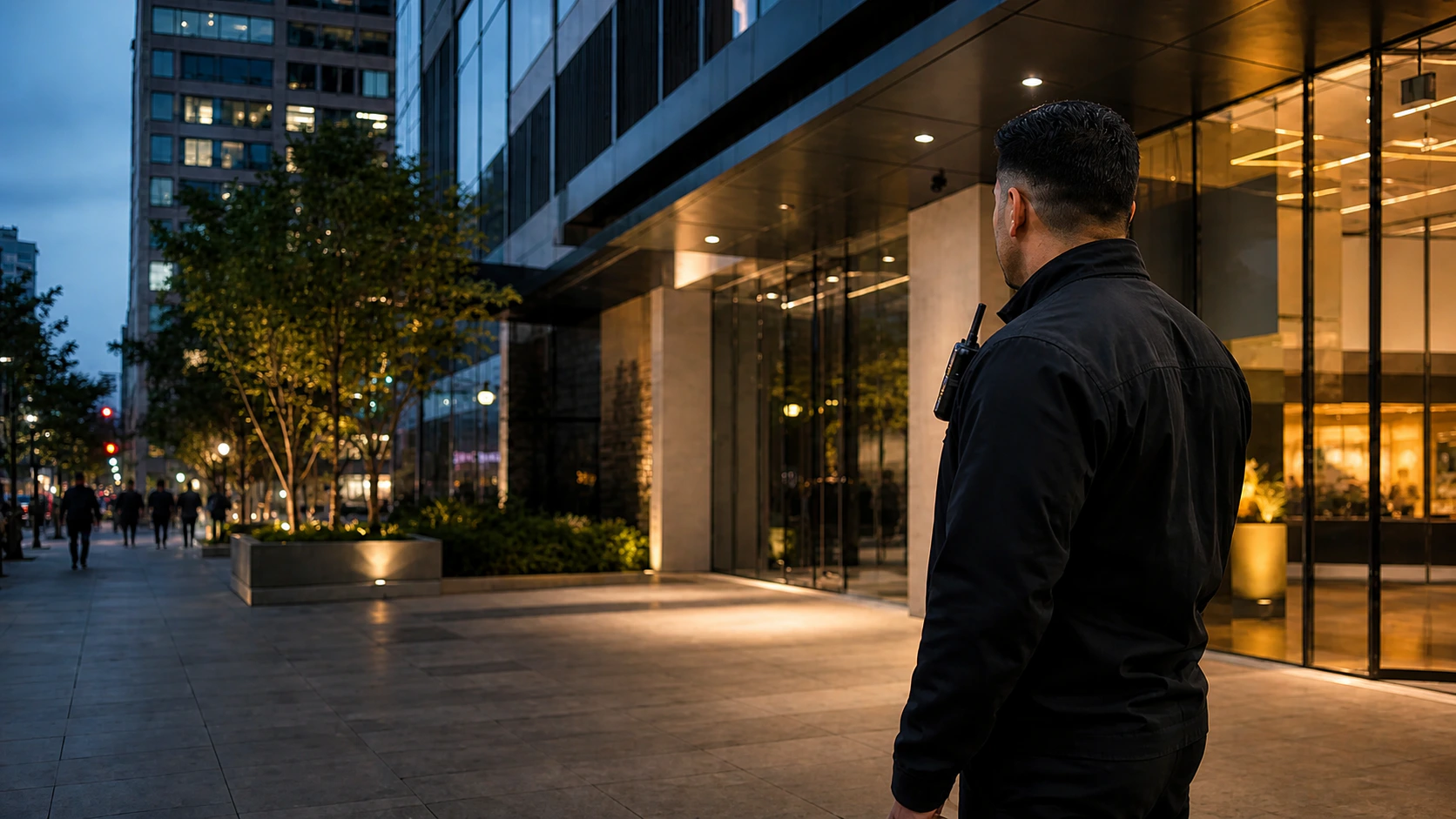 Fictional professional security employee observing a commercial property
