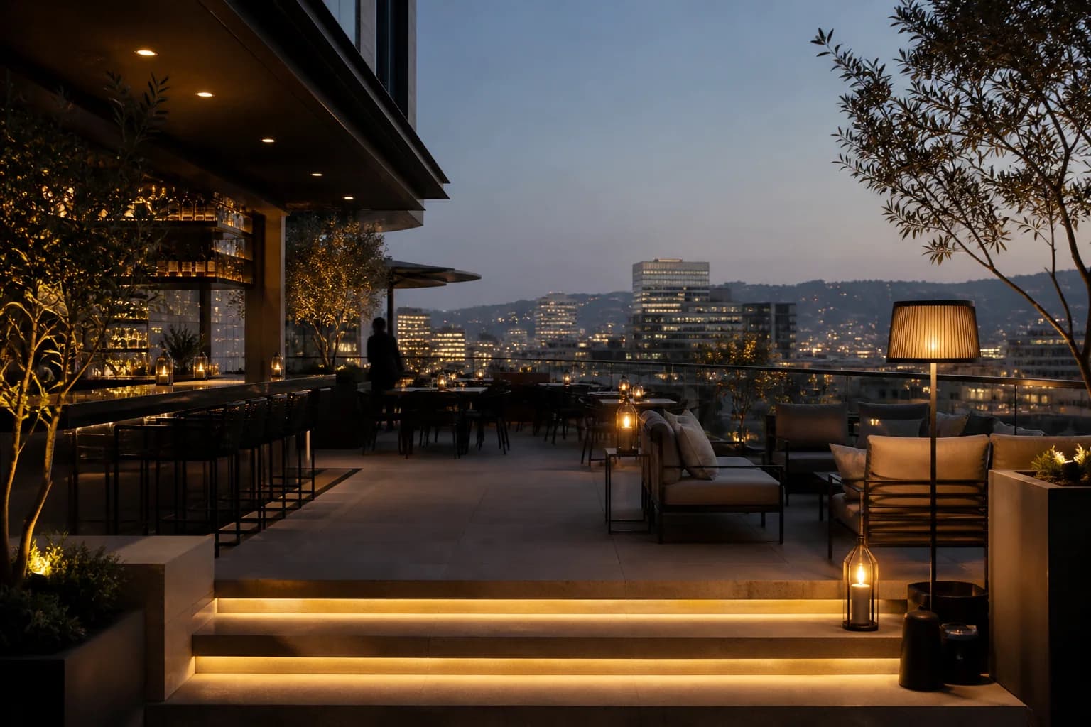Fictional Los Angeles rooftop hospitality environment used for Code 4 art direction